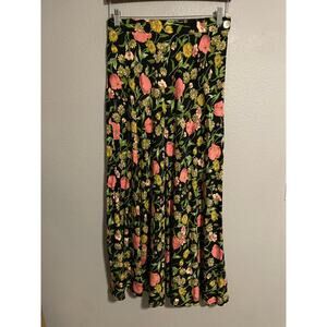 VTG F.L. Malik Skirt Womens Medium Black Floral Maxi Rayon Boho Cottagecore 90s